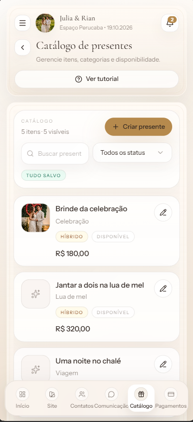 Tela real da lista de presentes do VOTO NOIVOS com catálogo, itens, categorias e valores.